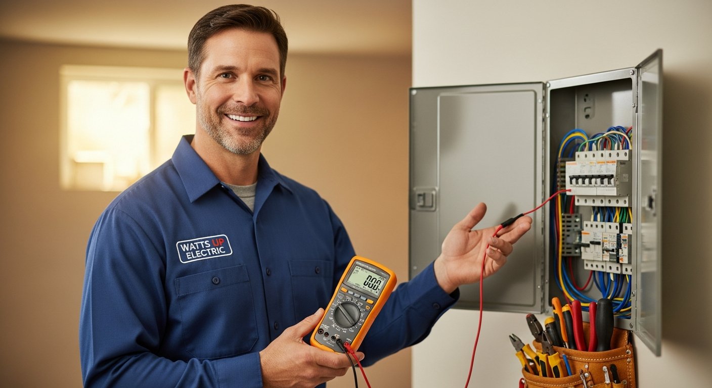 Josh, a friendly electrician in a clean navy polo, standing in front of an organized work van smiling warmly