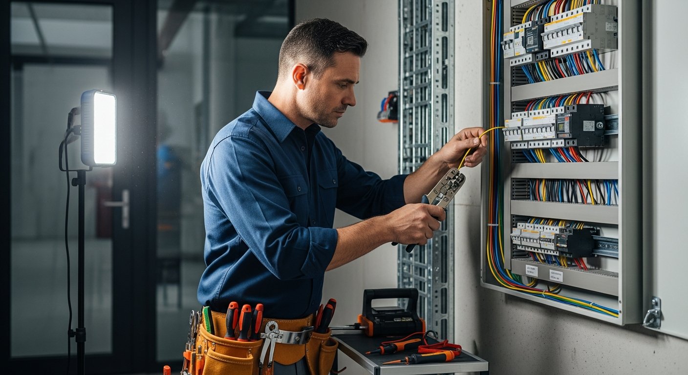 Electrician explaining an open electrical panel to a homeowner in a clean utility room